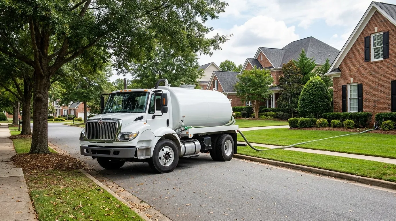 Septic service truck on a residential street in Fort Mill, SC